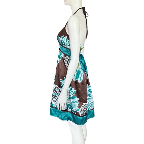 Vintage Y2K Brown Teal Floral Halter Satin Party Dress. XS. Girlhoodcore Fairy - Picture 4 of 13